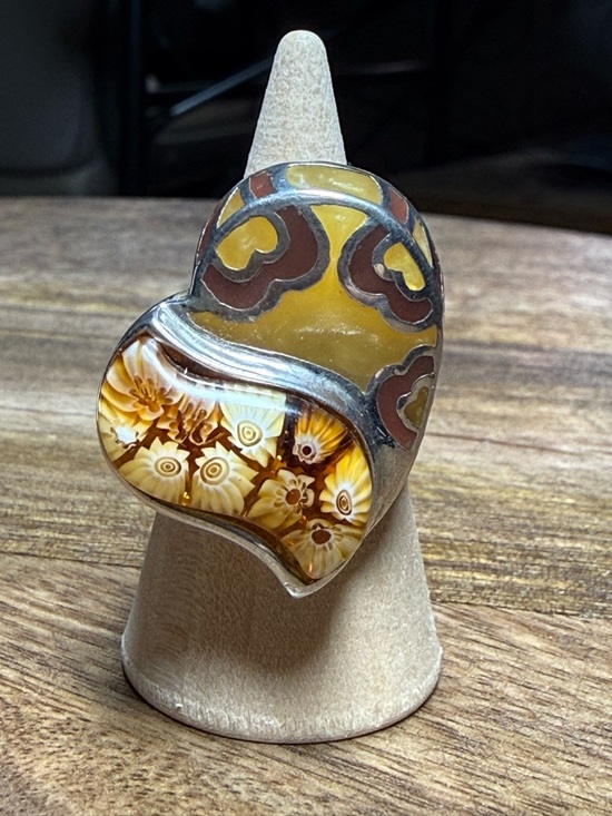 Alan K Jewelry - Alan K Yellow and Brown Mosaic Glass Heart Glass Floral sterling Ring